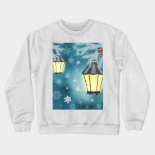 Antique streetlamps watercolor illustration. Winter snowflakes fantasy background. Vintage streetlights. Spruce tree branches Crewneck Sweatshirt